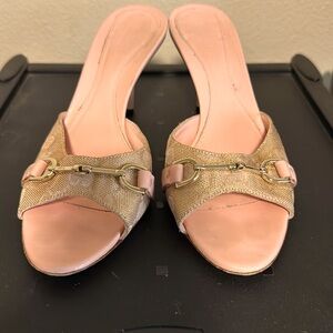 Gucci Pink Monogramed Glitter Kitten Heel Mules Open Toe Size 36 1/2.
